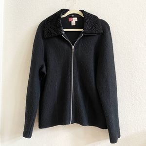 JM Collection‎ Large 100% wool Black Sweater Jacket Removable Collar Zip Front